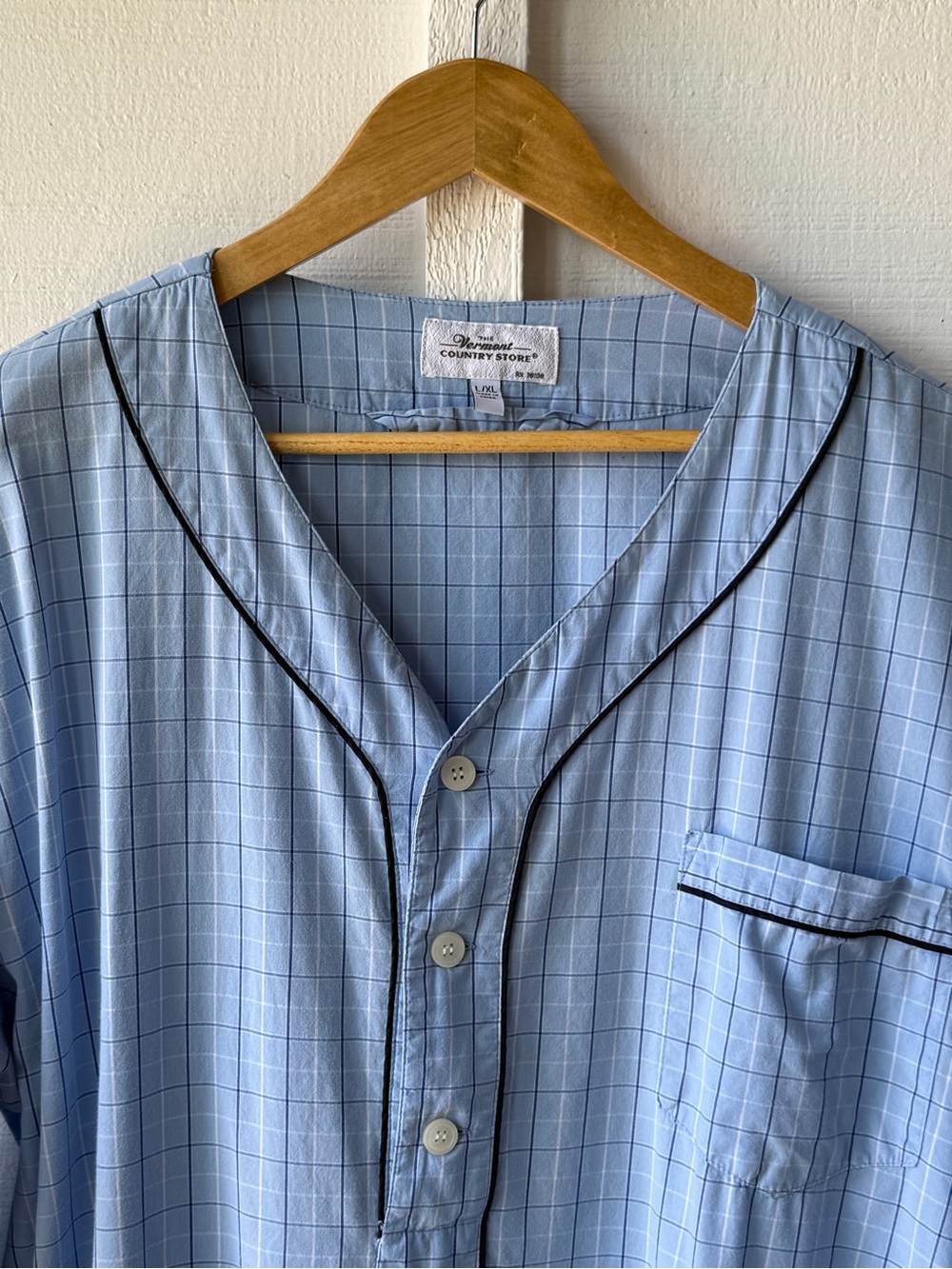 Light Blue Checked Women's Pajama Top with Black Piping